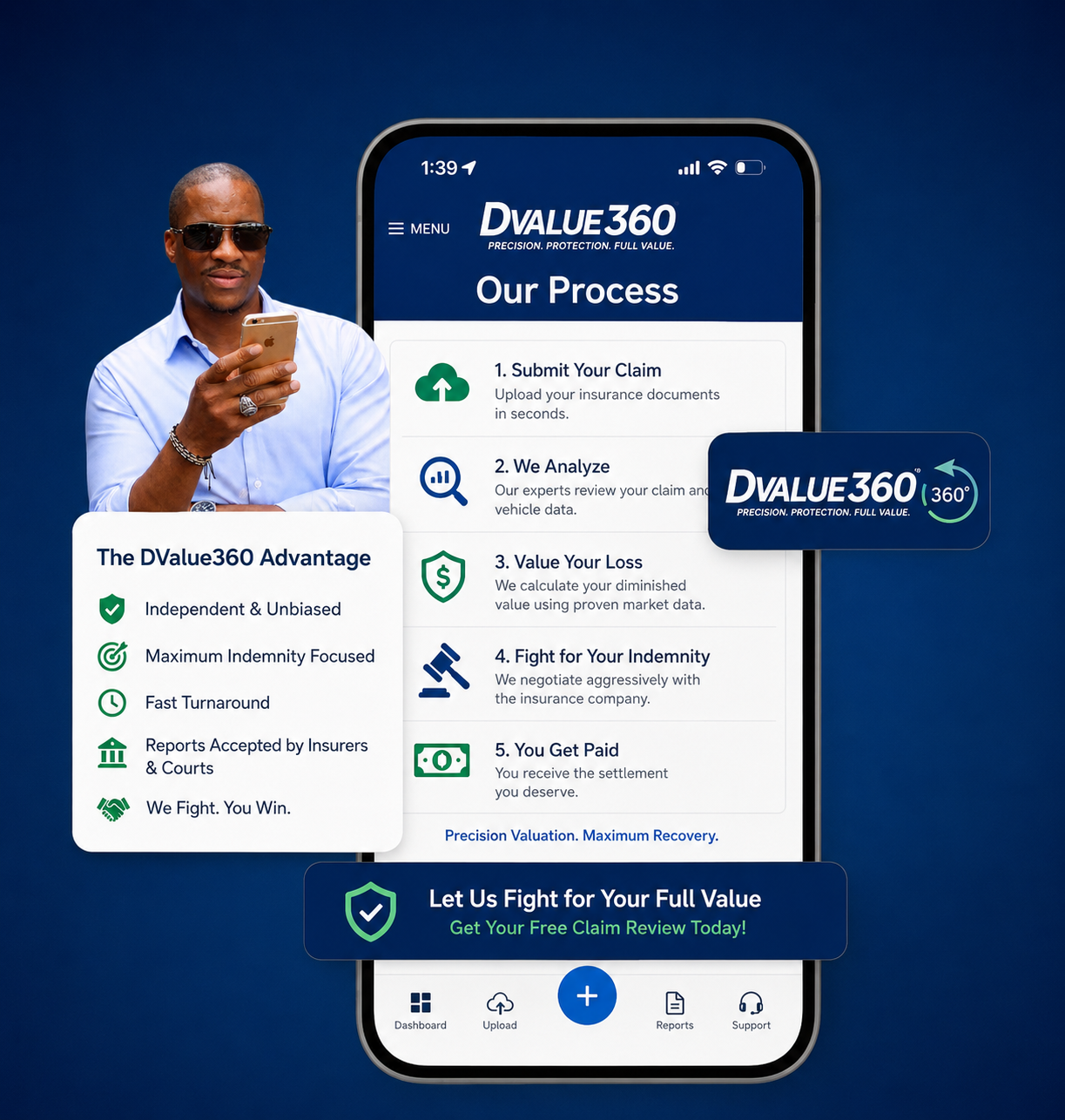DValue360 mobile 360-degree claim-review process showing claim submission, analysis, valuation, advocacy, and payment.